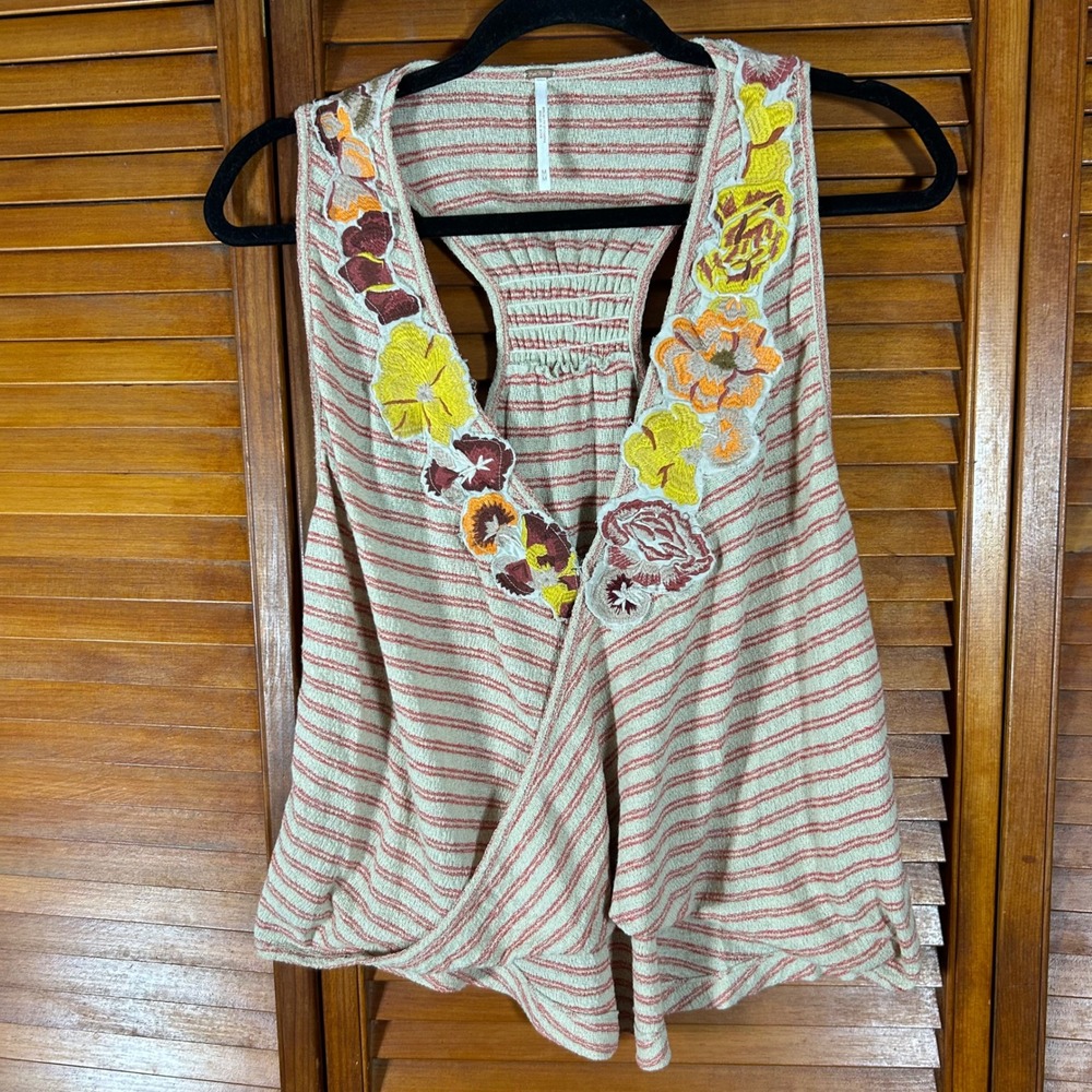 Free People Boho Floral Embroidered Striped Racerback Tank Top Red Beige Medium